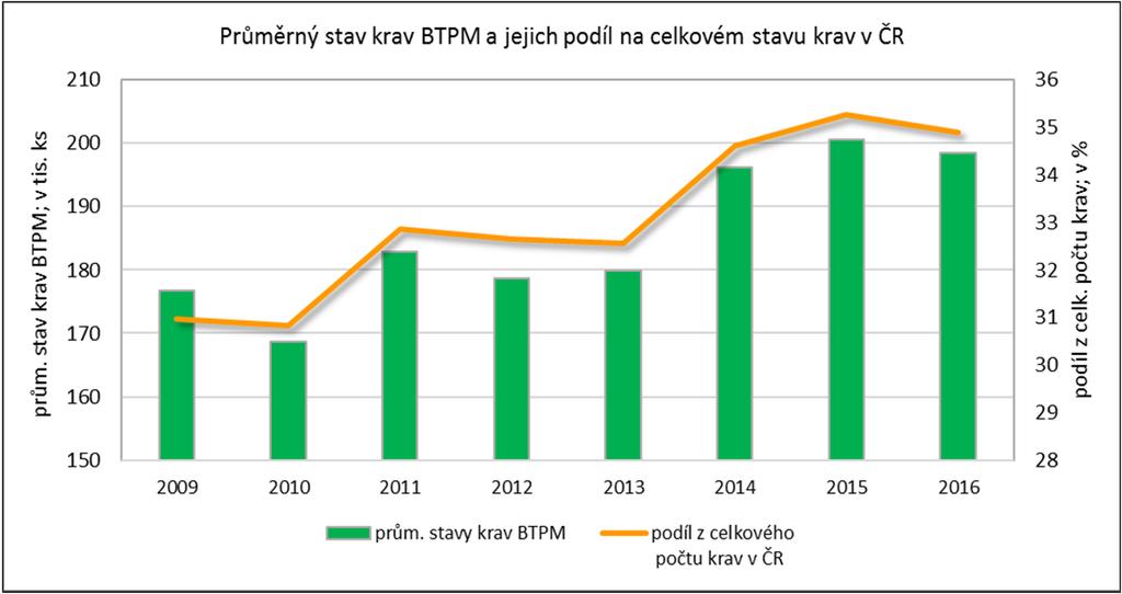 Graf č. 21 Průměrné stavy krav BTPM v letech 2009 16 Zdroj: TÚ ÚZEI 27/2017 Graf č.