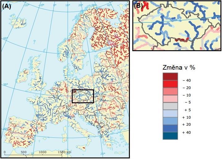 Obrázek 13 Relativní změny v průtocích pro povodňové stavy s pravděpodobnou četností výskytu jednou za sto let (Q100): srovnání mezi obdobím 1961-1990 a scénářem A1B pro období 2071-2100 (upraveno