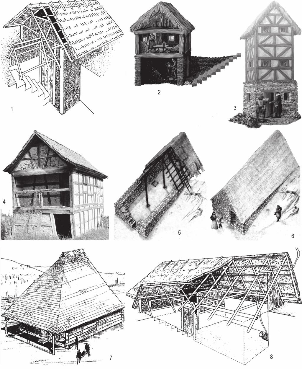 Jihlava Staré Hory Obr. 245. Ukázky rekonstrukčních představ středověkých dřevěných, dřevohliněných anebo kamenných domů v prostředí hornických provozů nebo osad. 1: Schönborn Dreiwerden.
