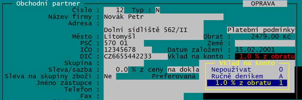 Při výběru formy úhrady při uzavírání prodejky dokladu se potom v nabídce objevuje také možnost úhrady zákaznickým kontem. Po jejím výběru je potřeba zadat obvyklým způsobem konkrétního odběratele.