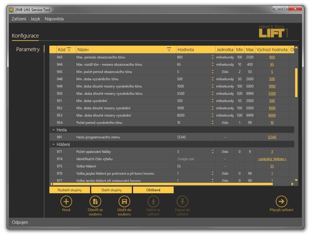 Po jejím spuštění se ocitnete v základní obrazovce a menu Konfigurace / Parametry. V tomto menu je možné offline připravit tabulku parametrů, kterou je možné vyexportovat.