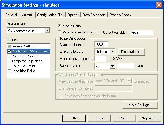 Monte-Carlo pracuje vždy s jednou ze základních analýz, tedy AC, DC nebo