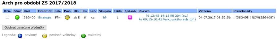 Registrace a zápisy Po přidání předmětu do zápisového archu je ještě třeba doplnit rozvrhovou akci odklepnout text Vybrat ve sloupci Rozvrh Pokud má předmět přednášky i cvičení, je nutné vybrat obojí