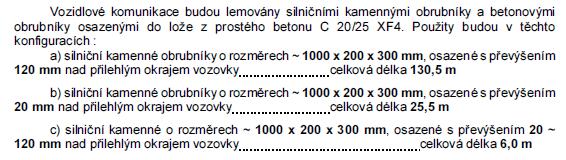 Objekt SO 105 Výkaz výměr: Zde není kamenný obrubník uveden vůbec. Technická zpráva: Odpověď na dotaz č. 19 Zadavatel odpovídá následovně: SO 121 V SO 121 pol.č. 41 CHODNÍK OBRUBY Z KAMEN OBRUBNÍKŮ je doplněn popis položky.