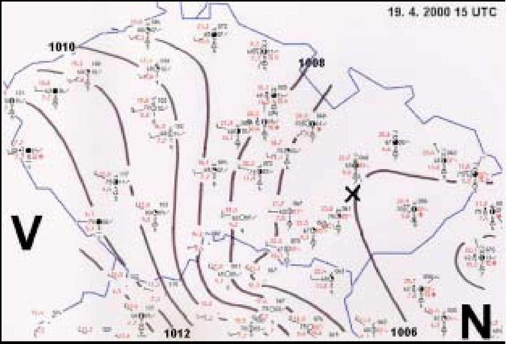 Obr. 2 Přízemní povětrnostní mapa území České republiky doplněná analýzou tlakového pole (izobary jsou vyneseny po 1 hpa) dne 19. 4. 2000 v termínech 15 a 16 UTC.