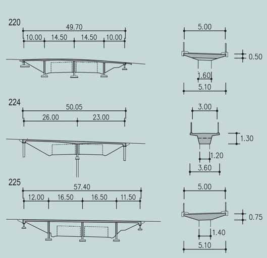 16 Nadjezdy stavby Prodloužená Rudná: a) podélné řezy, b) příčné řezy Fig. 16 Overpasses of the construction section Prodloužená Rudná: a) elevations, b) cross sections Obr.