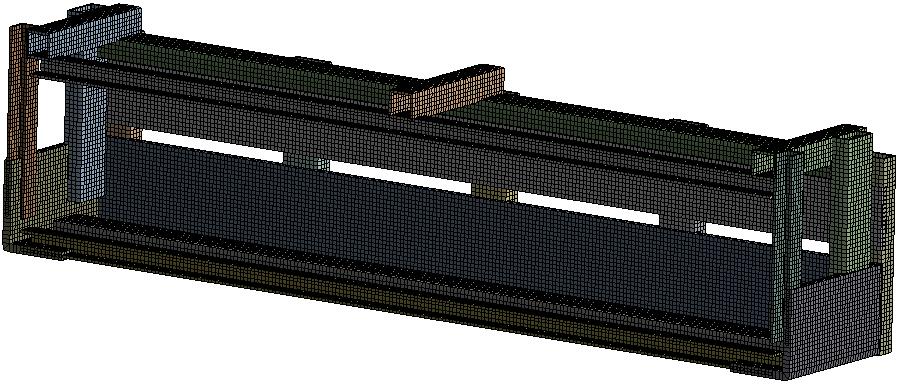 ANALÝZA NAPJATOSTI 8.2.3 VÝPOČTOVÁ SIŤ Síť konečných prvků použitá pro analýzu napjatosti konstrukce pro uložení závaží na rámu měřicího přívěsu byla vytvořena v modulu Mechanical.