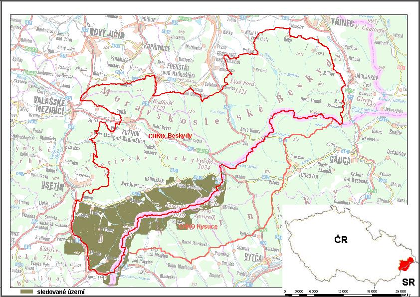 Obr. 4: Umístění sledovaného území v rámci CHKO Beskydy a CHKO Kysuce (Mapový podklad: www.mapy.cz) 4.3.2.