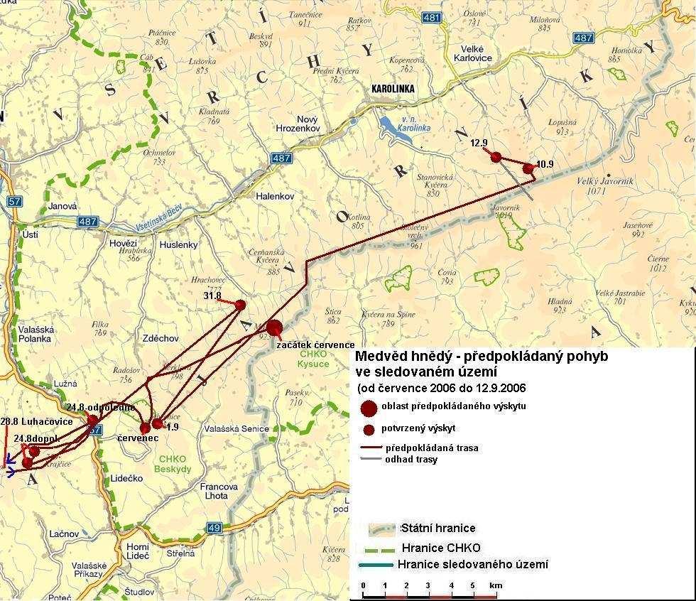 Obr. 8: Předpokládaná trasa přesunu medvěda hnědého od července 2006 do 12. 9. 2006 (Mapový podklad: www.mapy.cz) Koncem prosince (25. 12) měl být úd