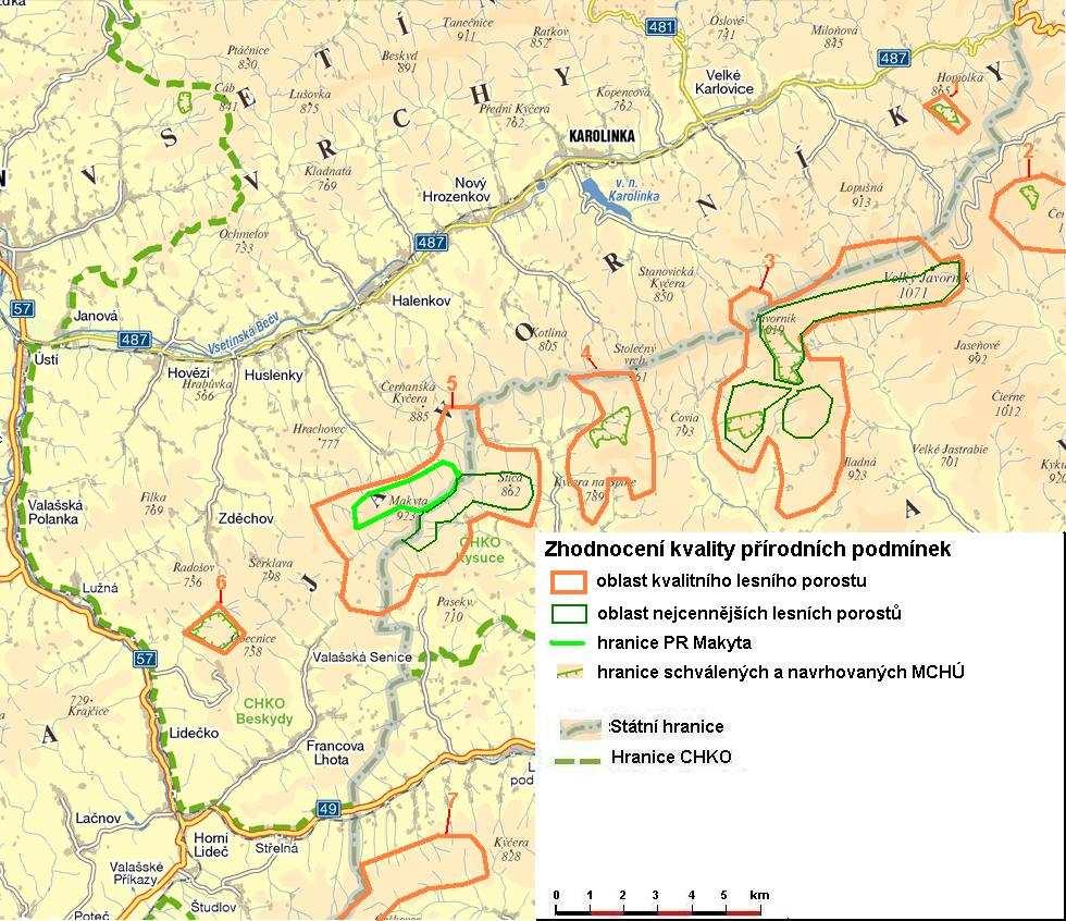 Obr. 25: Vyznačení oblastí se zachovalými lesními porosty (Mapový podklad: www.mapy.cz) Čtvrtou oblast představuje PR Hričovec s navazujícími porosty.