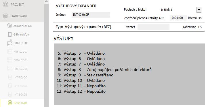 SATEL PERFECTA 23 Obr. 11. Tabulka s nastavením zónového expandéru. 4.5 Výstupový expandér Obr. 12. Tabulka s nastavením výstupového expandéru. Jméno [2815.Ex.