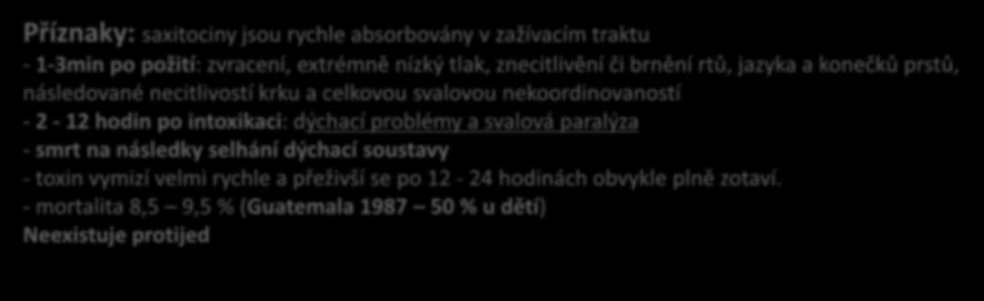 - neurotoxin rozpustný ve vodě a nižších alkoholech Princip účinku: poruchy přenosu signálů mezi neurony - (blokuje iontové kanály pro sodné ionty) saxitoxin Příznaky: saxitociny jsou rychle