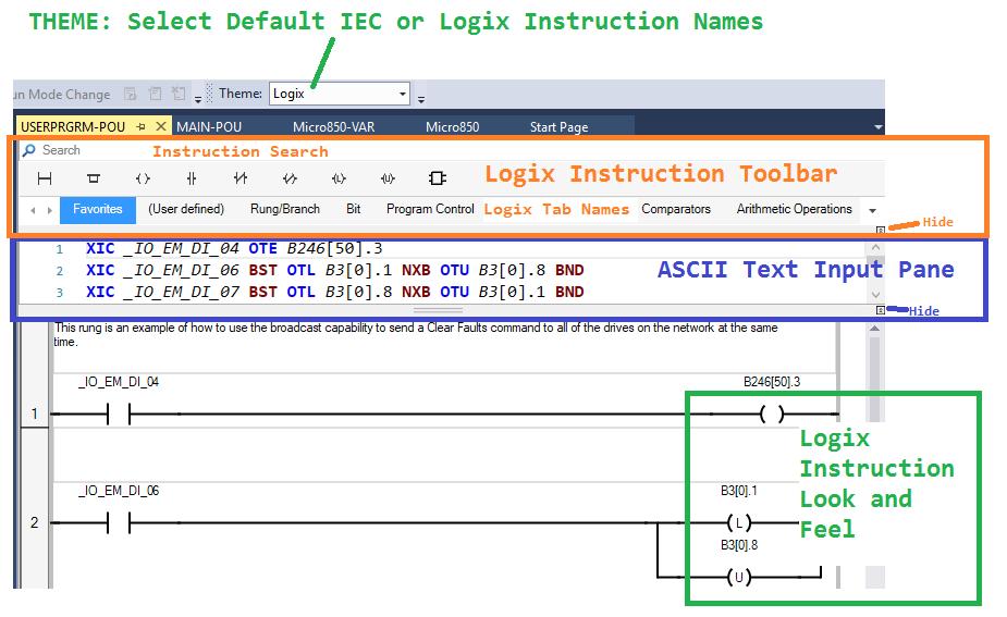 Ladder Editor se vzhledem Logixu, panel nástrojů, zadávání pomocí ASCII