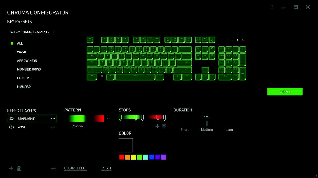 Konfigurátor Chroma Ze záložky Lighting (Podsvícení) lze přejít do Konfigurátoru Chroma, kde si můžete nastavit pokročilé efekty podsvícení svého zařízení Razer s podporou podsvícení Chroma.