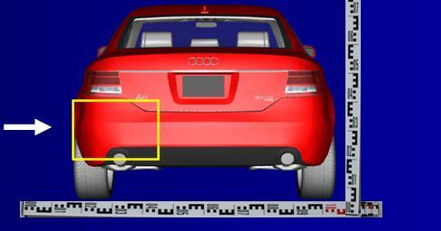 Pořízení souhrnných a přechodových snímků poškozené oblasti vozidla také slouží k zachycení tvarů vozidla a polohy poškození a stop na vozidle v rovinné projekci, viz obr. 4, 5, 6.