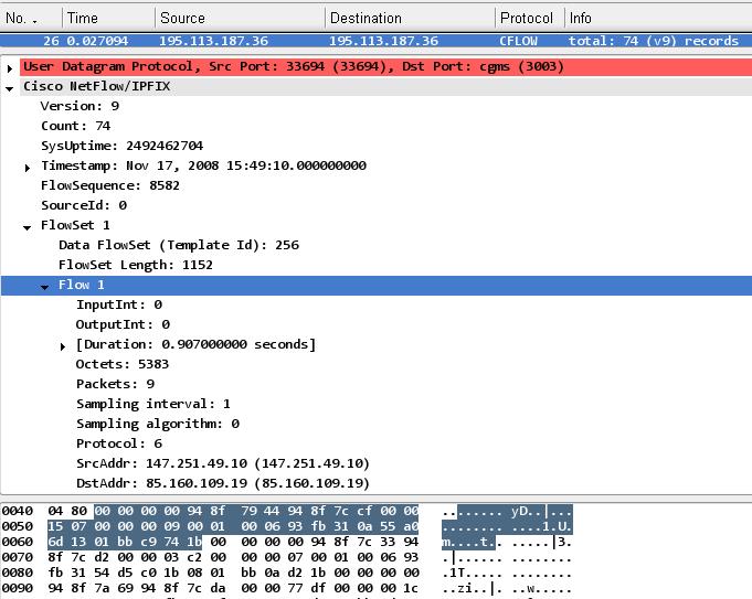 Obrázek 2.7: NetFlow verze 9 paket analyzován programem wireshark 2.