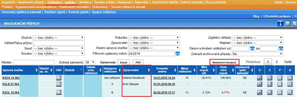 ODDLUŽENÍ SPLÁTKY: NOVÝ SLOUPEC ZPRACOVATEL V modulu Oddlužení splátky máte možnost si v tabulce dlužníků zobrazit pomocí tlačítka nový sloupec a to Zpracovatel.