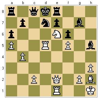 Rozsypal - Kohout 1. d4 d5 2. Jf3 Jf6 3. c4 e6 4. Sg5 Se7 5. e3 Je4 6. Sxe7 Dxe7 7. Dc2 c6 8. Jc3 f5 9. Vc1 O-O 10. Sd3 Jd7 11. O-O Vf6 12. Je2 g5?! (lépe b6) 13. Sxe4 fxe4 14. Jxg5 Vg6 15.Jh3 Jf6 16.