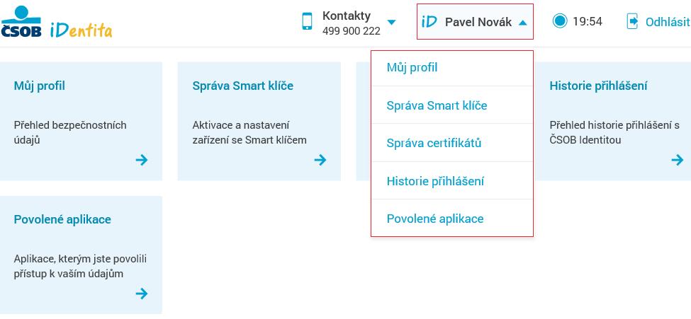 Z kterékoli stránky portálu můžete přejít do jiné sekce nastavení také pomocí rozbalovací nabídky pod vaším jménem v záhlaví. Kliknutím na logo ČSOB Identity se kdykoli vrátíte na úvodní rozcestník.