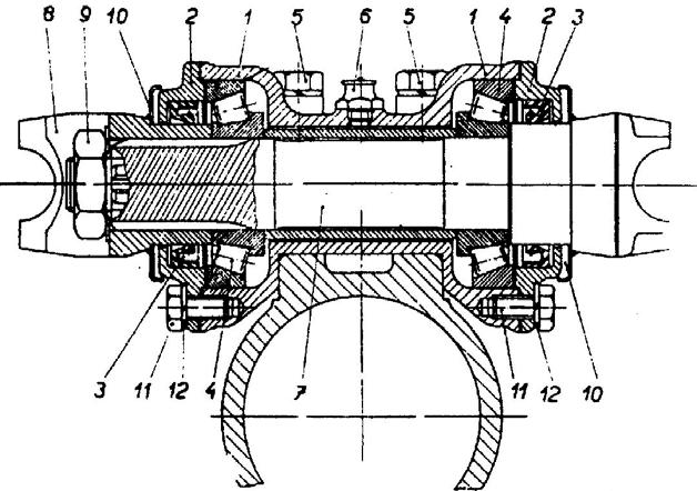 Střední kátká spojovací část 7 kloubového hřídele má na předním (levém) konci dážkování po unášeč 8, k němuž je připojen křížový kloub předního dílu kloubového hřídele.