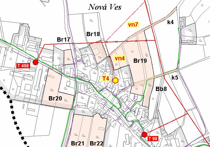 35/0,4 kv, předpokládaný výkon 400 kva změny v zásobování elektrickou energií Nová Ves vedení vn4 35 kv o délce cca 130 m ze sloupu stávajícího