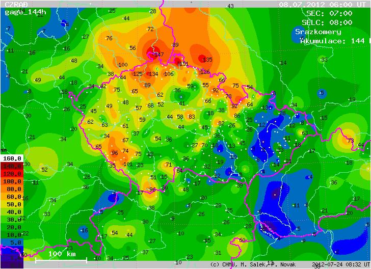 Vyhodnocení srážek od 2. 7. do 8. 7. 2012 Z operativních údajů automatizovaných stanic byly vytvořeny mapy celkového množství srážek od 2. 7. 2012, 8 SELČ do 8. 7. 2012, 8 SELČ. Na obr.