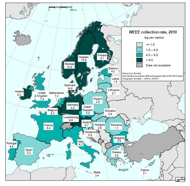 1.2.2 Srovnání s vybranými státy EU Jednotlivé evropské státy vykazují rozdílnou úspěšnost ve zpětném odběru OEEZ, jak ukazuje následující obrázek; mezi nejúspěšnější země patří Norsko, Švédsko a