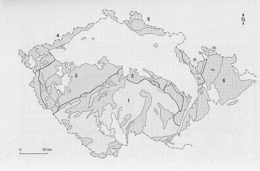 Obr. 2 Regionální geologické dělení jednotek Českého masivu (podle usnesení České stratigrafické komise 1992, 1994) 1 moldanubikum; 2 oblast kutnohorsko-svratecká; 3 bohemikum; 4 saxothuringikum; 5