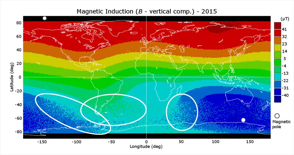 3.3.3 Mapy vertikální složky magnetické indukce Z vyhodnocení vertikální složky jsem zjistil, že družice během svého letu v pravidelných intervalech náhle na krátkou chvíli změní svůj sklon vůči Zemi.