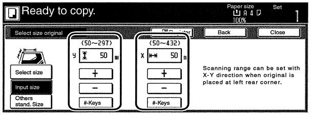 Pokud chcete zadat velikost originálu ručně, stiskněte tlačítko "Vstupní formát". 5. Pomocí tlačítek "+", "-" nebo pomocí číselné klávesnice zadejte hodnoty velikosti originálu. 6.