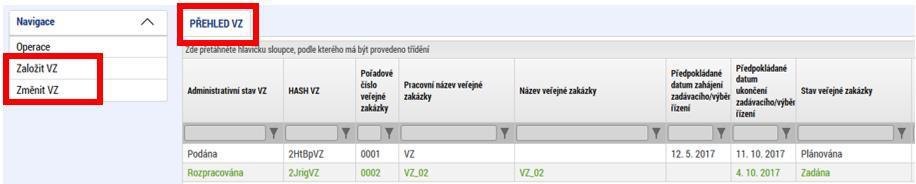 Podávání změn VZ ani zakládání VZ již není možné provádět přes žádost o změnu nebo zprávu o realizaci.