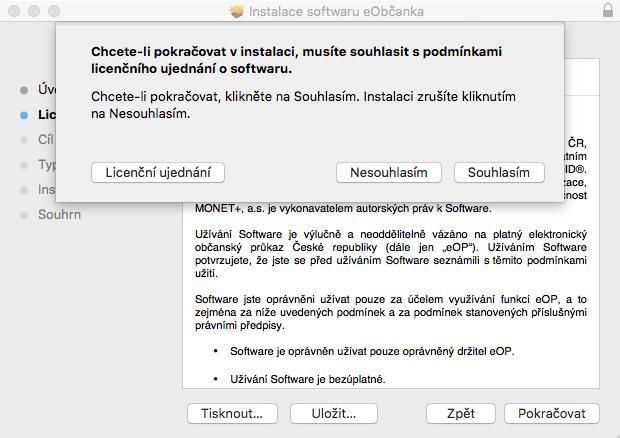 Obrázek 4: Souhlas s licenčním ujednáním software eobčanka Pro pokračování instalace je třeba: Stisknout tlačítko Pokračovat.