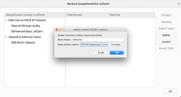 Obrázek 14: Přidání ovladače občanského průkazu do Mozilla Firefox V okně Nový ovladač PKCS#11 zařízení je třeba: 1. Nastavit název modulu - libovolný, např. eobcanka nebo Občanský průkaz. 2.