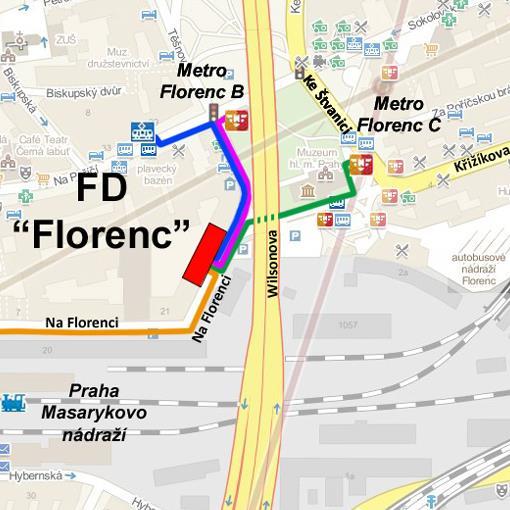 Popis přístupových tras s mapkami: PŘÍSTUPY DO OBJEKTU Z RŮZNÝCH SMĚRŮ Přístup do budovy FD Florenc je možný z několika směrů: Metrem na stanici Florenc, která je bezbariérově přístupná na obou