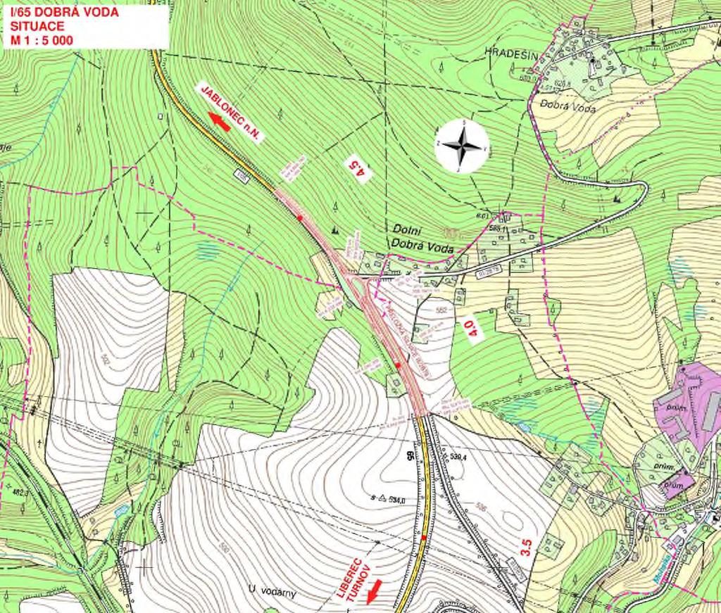 4. Vstupní údaje 4.1 Stručný popis řešení Stavba řeší úpravu silnice I/65 v úseku cca km 3,850 do cca km 4,500.