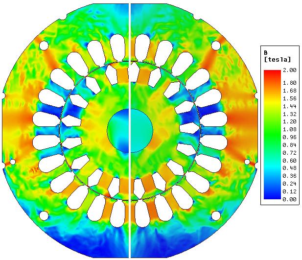 Obr. 5.11: Rozložení magnetické indukce v modelu C při jmenovitém zatížení (vlevo) a nejnižším použitém zatížení (vpravo).