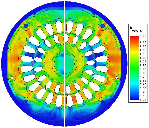 Obr. 5.13: Rozložení magnetické indukce v modelu E při jmenovitém zatížení (vlevo) a nejnižším použitém zatížení (vpravo).