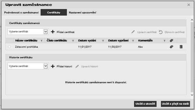Po registraci certifikátu zaměstnance je možné všechny jeho podrobnosti zobrazit přímo v tabulce a stáhnout přílohu certifikátu.