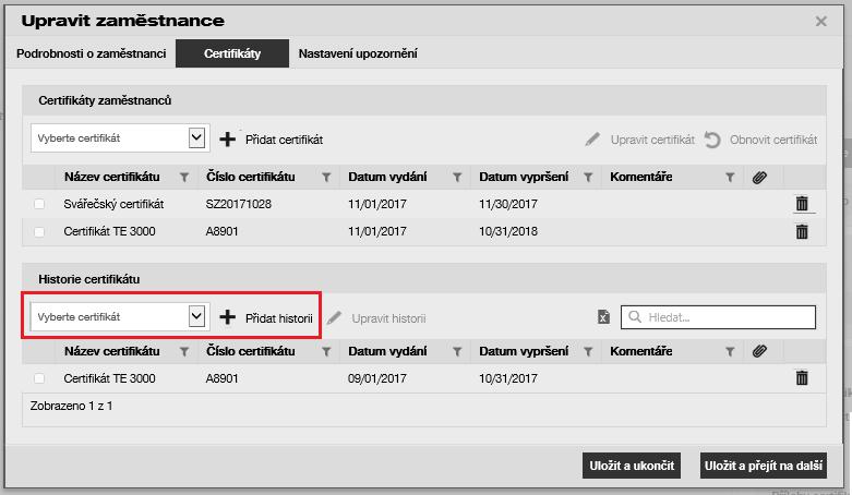 Při přidávání nového certifikátu zaměstnance přímo do Historie certifikátů je potřeba vyplnit dvě povinná pole: Datum vydání certifikátu a Datum vypršení jeho platnosti.