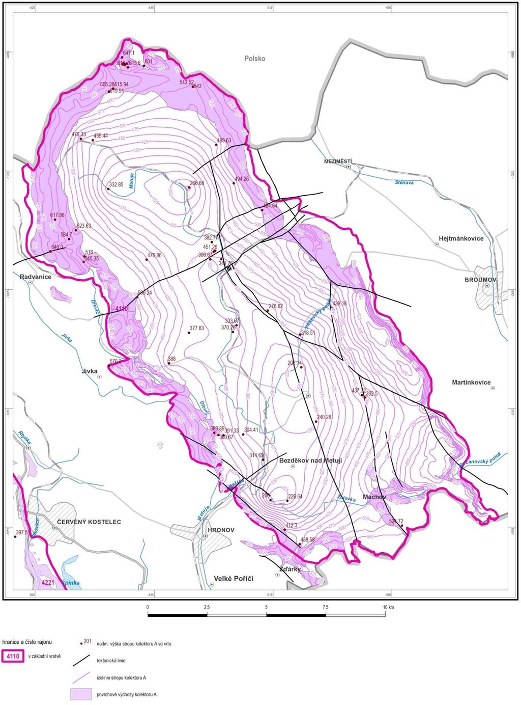 Obrázek 4-3: Izoliniová mapa povrchu kolektoru A (báze turonu) na území rajonu 4110 zkonstruovaná na základě interpretace