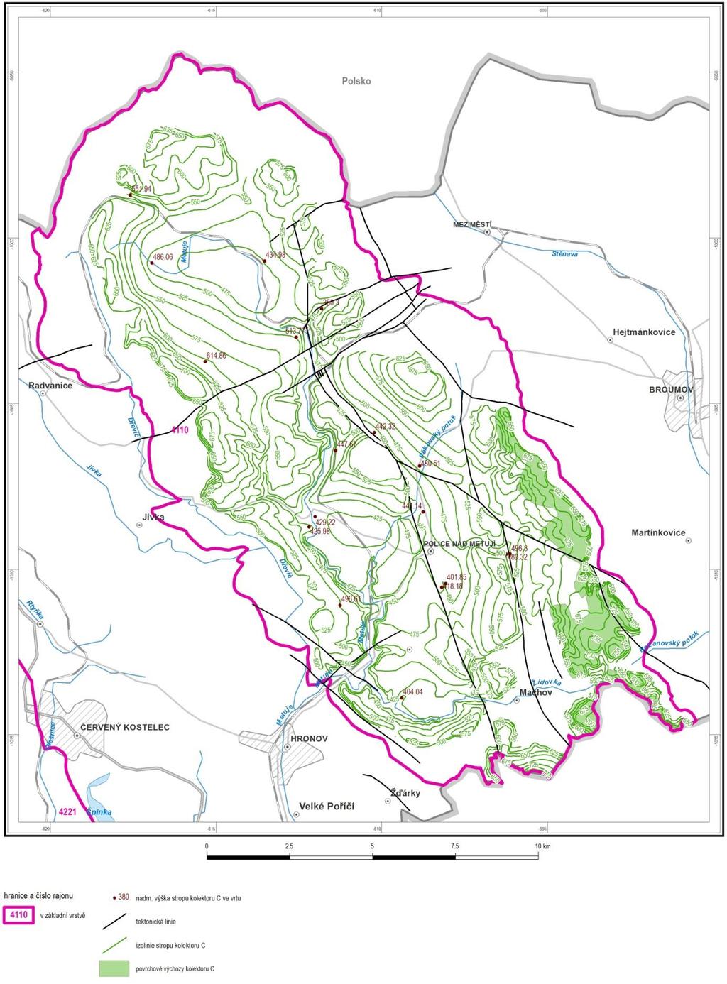Obrázek 4-4: Izoliniová mapa povrchu kolektoru C na území rajonu 4110 zkonstruovaná na základě interpretace rozhraní ve