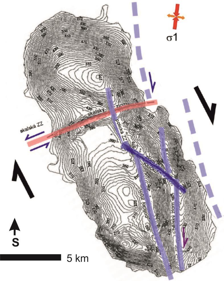 obr. 4-7 je mapa izolinií povrchu kolektoru A doplněna o ideový náčrtek možné kinematické funkce jednotlivých struktur v polické pánvi, za předpokladu hlavní deformace v průběhu paleogénu,