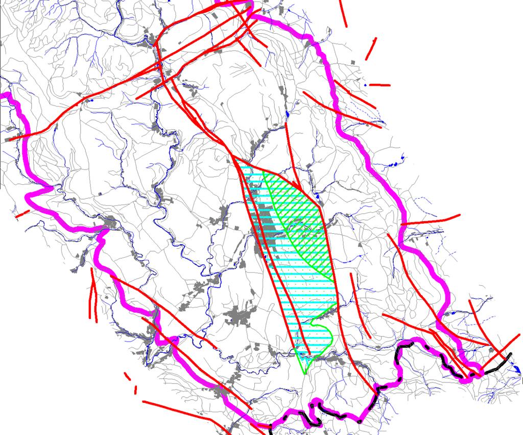 Obrázek 4-26: Vymezení a rozčlenění Bukovického zvodnělého subsystému (Široká šrafa představuje předpokládané souvislé zvodnění, slabá šrafa oblast tzv. stoku.