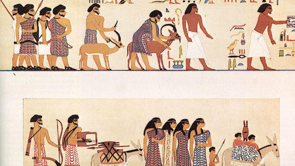 Egypťany, zvyklé na oděvy z lehkého, čistě bílého lnu, zaujalo pestře vzorované vlněné oblečení delegace z