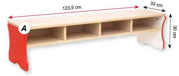 04 Lavička: Lavička se 4 přihrádkami na bačkůrky. Materiál: dřevotříska laminovaná.