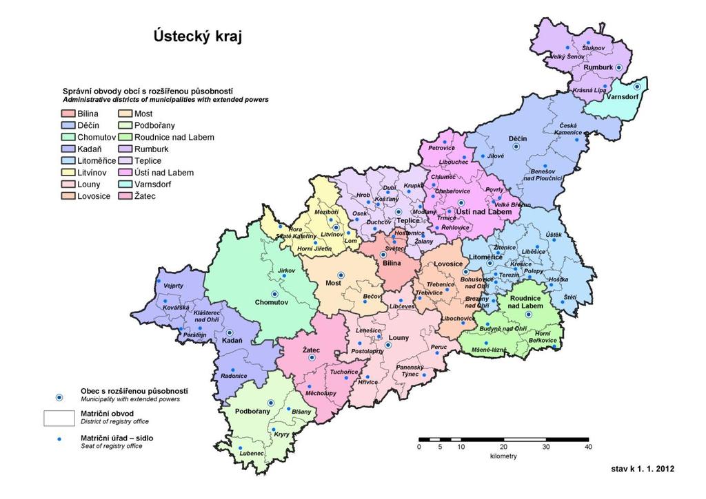 Obrázek 4: Správní členění, Ústecký kraj, zóna CZ04 Severozápad, členění podle ORP (s vyznačením měst Ústeckého kraje) Zdroj: ČSÚ (http://www.czso.cz/csu/2012edicniplan.