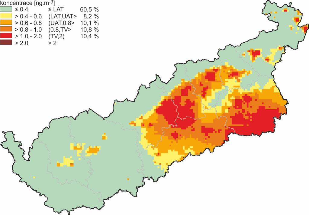 Obrázek 28: Pole průměrné roční koncentrace benzo(a)pyrenu, zóna CZ04 Severozápad,