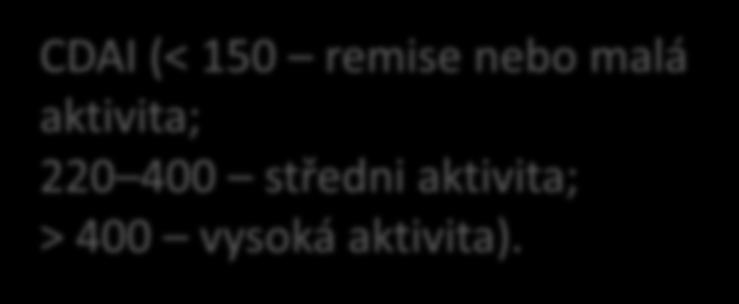 HODNOCENÍ AKTIVITY CDAI (< 150 remise nebo malá aktivita; 220 400 středni aktivita; > 400