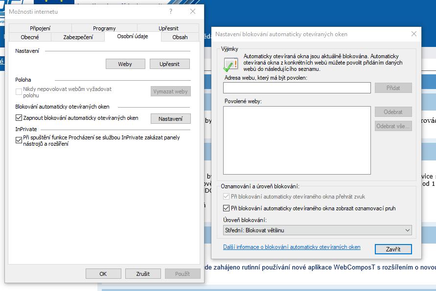 Nastavení aplikace Strana 6 v menu zvolit Možnosti Internetu karta Osobní údaje kliknout na položku Nastavení u položky Zapnout blokování automaticky otevíraných oken ; Zobrazí se dialog pro definici