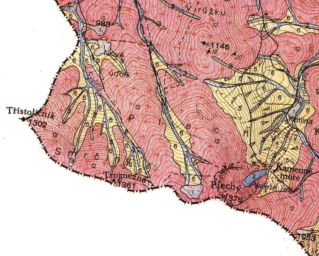 Šumava - Trojmezná hornatina od Třístoličníku k Plechému Výseč z geologické mapy 1:50 000.